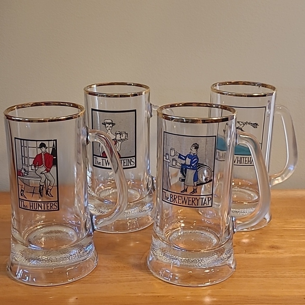 ENGLISH PUB Inspired Handled Glass Tankard Steins, Set of 4